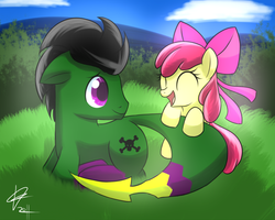 Size: 1024x819 | Tagged: safe, artist:mister-markers, apple bloom, oc, oc:bio, earth pony, pony, g4, day, duo, female, filly, floppy ears, happy, prone, smiling