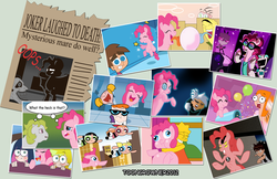 Size: 3779x2453 | Tagged: safe, artist:toongrowner, mare do well, pinkie pie, surprise, alien, angel, earth pony, ghost, human, pony, robot, g1, g4, anarchy panty, anarchy stocking, batman, batman the animated series, ben 10, ben tennyson, blossom (powerpuff girls), bubbles (powerpuff girls), buttercup (powerpuff girls), candace flynn, crossover, crossover nexus, danny phantom, dee dee, dexter, dexter's laboratory, dimensional shenanigans, dr. insano, ed (ed edd n eddy), ed edd n eddy, eddy (ed edd n eddy), female, four eyes, fourarms, gir, high res, hilarious in hindsight, invader zim, lisa simpson, male, mare, mass crossover, multiple limbs, multiverse, newspaper, panty and stocking with garterbelt, party cannon, phineas and ferb, photo, the fairly oddparents, the joker, the powerpuff girls, the simpsons, the spoony experiment, timmy turner, zim