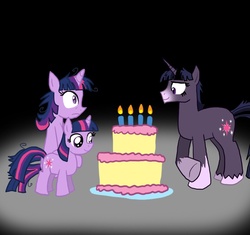 Size: 850x800 | Tagged: safe, twilight sparkle, pony, unicorn, twilight unbound, g4, birthday cake, cake, female, filly, filly twilight sparkle, food, mare, messy mane, self ponidox, werelight shine