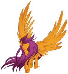 Size: 784x851 | Tagged: safe, artist:secret-pony, scootaloo, pegasus, pony, g4, adult, female, hair over eyes, large wings, long mane, mare, older, simple background, solo, spread wings, tail, transparent background, windswept mane, windswept tail