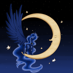 Size: 1200x1200 | Tagged: safe, artist:secret-pony, princess luna, alicorn, pony, g4, female, hair over one eye, large wings, mare, moon, night, sky, solo, stars, tangible heavenly object
