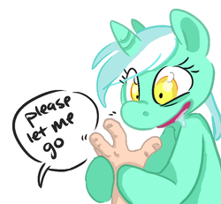 Size: 809x748 | Tagged: artist needed, safe, lyra heartstrings, human, pony, unicorn, g4, female, hand, human fetish, mare, shrunken pupils, simple background, solo focus, speech bubble, white background