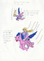 Size: 744x1023 | Tagged: safe, artist:zeldatheswordsman, firefly, megan williams, human, pegasus, pony, g1, duo, female, flying, humans riding ponies, mare, meganfly, riding, simple background, traditional art