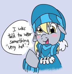 Size: 777x800 | Tagged: safe, artist:elosande, derpy hooves, pegasus, pony, g4, blushing, cap, clothes, female, floppy ears, hat, mare, pun, scarf, solo