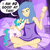 Size: 1890x1890 | Tagged: safe, artist:megasweet, artist:tess, princess celestia, princess luna, human, g4, barefoot, bed, brushie, clothes, feet, female, hairbrush, humanized, nail polish, nightgown, plushie, s1 luna, sitting, smiling, solo, speech bubble