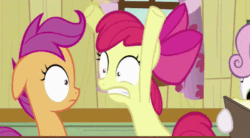 Size: 400x220 | Tagged: safe, screencap, apple bloom, scootaloo, sweetie belle, earth pony, pegasus, pony, unicorn, g4, hearts and hooves day (episode), animated, cutie mark crusaders, female, filly, flailing, hearts and hooves day, shrunken pupils, wacky waving inflatable tube pony