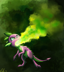 Size: 642x712 | Tagged: safe, artist:c-puff, spike, dragon, g4, abstract background, fire, fire breath, green fire, male, solo