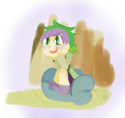 Size: 1280x1208 | Tagged: safe, artist:genne-baby, spike, human, g4, freckles, humanized, male, sitting, smiling, solo