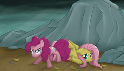 Size: 2000x1142 | Tagged: safe, artist:speccysy, fluttershy, pinkie pie, earth pony, pegasus, pony, g4, feather, female, lesbian, mare, mountain, prone, protecting, ship:flutterpie, shipping