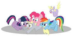 Size: 1090x550 | Tagged: safe, artist:shutterflye, derpy hooves, dinky hooves, pinkie pie, rainbow dash, twilight sparkle, earth pony, pegasus, pony, unicorn, g4, cannibalism, female, filly, licking, mare, simple background, transparent background