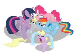 Size: 1100x800 | Tagged: safe, artist:shutterflye, derpy hooves, dinky hooves, pinkie pie, rainbow dash, twilight sparkle, earth pony, pegasus, pony, unicorn, g4, biting, blushing, butt, cannibalism, crying, female, filly, imminent vore, licking, mare, ocular gushers, on back, plot, simple background, transparent background, twipred