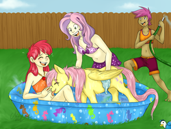 Size: 1280x960 | Tagged: safe, artist:cartoonlion, edit, apple bloom, fluttershy, scootaloo, sweetie belle, human, pegasus, pony, futaverse, g4, barefoot, bath, behaving like a dog, belly button, bikini, clothes, cute, cutie mark crusaders, feet, female, flutterdog, happy, hose, humanized, licking, older, older apple bloom, older cmc, older scootaloo, older sweetie belle, sfw edit, shyabetes, swimming pool, swimsuit, tickling, tongue out