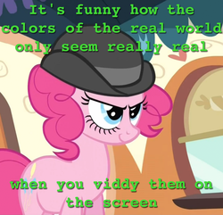 Size: 1090x1049 | Tagged: safe, pinkie pie, earth pony, pony, g4, a clockwork orange, bowler hat, female, hat, image macro, mare, solo, text