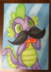 Size: 288x400 | Tagged: safe, artist:colormist, spike, dragon, g4, 2012, bowtie, facial hair, male, moustache, solo, trading card, traditional art