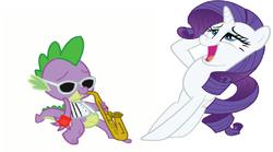 Size: 1222x680 | Tagged: safe, rarity, spike, dragon, pony, unicorn, g4, clothes, epic sax spike, female, male, mare, musical instrument, saxophone, ship:sparity, shipping, simple background, straight, sunglasses, vest, white background