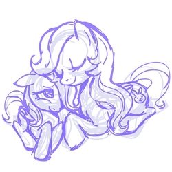 Size: 945x945 | Tagged: safe, artist:megasweet, fluttershy, pegasus, pony, g4, family, female, filly, foal, mare, monochrome, mother, mother and daughter, nuzzling, prone, sketch, smiling