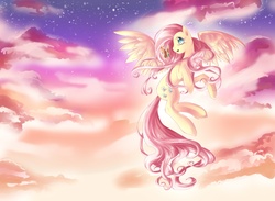 Size: 2600x1900 | Tagged: safe, artist:chocori, fluttershy, butterfly, pegasus, pony, g4, female, flying, looking at something, looking back, mare, profile, sky, solo, spread wings, turned head