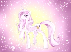 Size: 2600x1900 | Tagged: safe, artist:chocori, fleur-de-lis, pony, unicorn, g4, abstract background, backlighting, female, frown, mare, raised hoof, solo