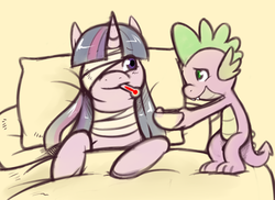 Size: 742x539 | Tagged: safe, artist:redintravenous, spike, twilight sparkle, dragon, pony, unicorn, g4, backwards thermometer, bandage, bed, bowl, duo, female, food, male, mare, on back, pillow, smiling, soup, thermometer