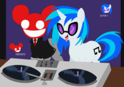 Size: 800x562 | Tagged: safe, artist:vinyl scratch, dj pon-3, vinyl scratch, pony, unicorn, g4, deadmau5, disc jockey, dj table, duo, female, mare, ponified, record, tongue out, turntable