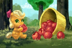 Size: 1200x800 | Tagged: safe, artist:kp-shadowsquirrel, applejack, earth pony, pony, g4, apple, baby, baby pony, babyjack, basket, bow, bucket, dappled sunlight, eating, female, filly, foal, herbivore, sitting, solo, younger