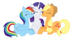 Size: 2500x1300 | Tagged: safe, artist:twilathewolf, applejack, rainbow dash, rarity, earth pony, pegasus, pony, unicorn, g4, eyes closed, female, lesbian, mare, nuzzling, prone, rarijackdash, ship:appledash, ship:raridash, ship:rarijack, shipping, simple background, smiling, transparent background