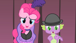 Size: 1280x720 | Tagged: safe, screencap, pinkie pie, spike, dragon, earth pony, pony, g4, over a barrel, season 1, bowler hat, choker, duo, female, hat, male, mare, puffy sleeves, saloon dress, saloon pinkie, stage