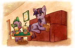 Size: 1181x748 | Tagged: safe, artist:hobilo, spike, twilight sparkle, dragon, pony, unicorn, g4, book, couch, drink, duo, female, male, mare, pixiv, prone, reading, smiling, starbucks, table