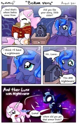 Size: 600x950 | Tagged: safe, artist:alfa995, nightmare moon, princess celestia, princess luna, alicorn, pony, g4, bed, bedtime story, comic, doom: repercussions of evil, female, filly, mare, woona