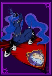 Size: 594x862 | Tagged: safe, artist:longinius, princess luna, alicorn, pony, g4, clothed ponies, clothes, coat of arms, crest, female, horn, horn jewelry, jewelry, mare, prone, socks, solo, tail wrap