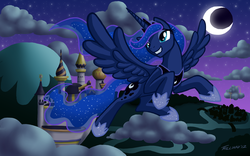 Size: 1200x750 | Tagged: safe, artist:dembai, princess luna, alicorn, pony, g4, canterlot, crescent moon, female, flying, mare, moon, night, smiling, solo