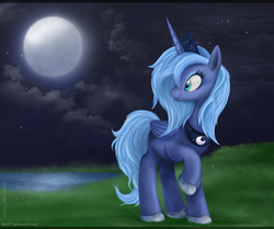 Size: 1948x1629 | Tagged: safe, artist:mn27, princess luna, alicorn, pony, g4, female, lake, letterboxing, looking back, mare, moon, night, raised hoof, s1 luna, smiling, solo, stars