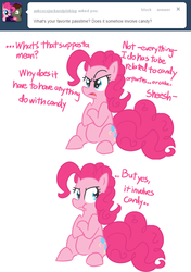 Size: 650x922 | Tagged: safe, artist:lance, pinkie pie, earth pony, pony, pinkie pie replies, g4, annoyed, ask, comic, female, mare, simple background, sitting, solo, white background