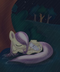 Size: 703x840 | Tagged: safe, artist:cocolli, angel bunny, fluttershy, pegasus, pony, g4, cute, duo, female, filly, mare, night, rain, smiling, tree, wet mane, wing blanket