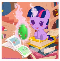 Size: 800x809 | Tagged: safe, artist:freewingss, twilight sparkle, pony, unicorn, g4, baby, baby pony, babylight sparkle, book, cute, egg, female, filly, foal, magic, sitting, solo