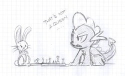 Size: 1280x777 | Tagged: safe, artist:skutchi, angel bunny, spike, dragon, g4, chess, duo, duo male, graph paper, male, monochrome, traditional art