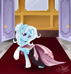 Size: 1045x1080 | Tagged: dead source, safe, artist:the-orator, trixie, pony, unicorn, g4, alternate hairstyle, clothes, dress, female, mare, raised hoof, socks, solo