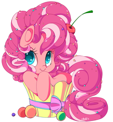 Size: 838x903 | Tagged: safe, artist:sugaryrainbow, pinkie pie, earth pony, pony, g4, cherry, colored pupils, cupcake, cute, diapinkes, female, food, heart eyes, mare, simple background, solo, white background, wingding eyes