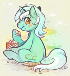 Size: 731x787 | Tagged: safe, artist:mi-eau, lyra heartstrings, pony, unicorn, g4, abstract background, blush sticker, blushing, eating, female, food, herbivore, looking at you, looking back, mare, popcorn, sitting, smiling, solo