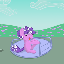 Size: 1600x1600 | Tagged: safe, artist:loopuleasa, screwball, earth pony, pony, g4, carousel, eyes closed, female, filly, foal, happy, playing, screwing around, solo, younger