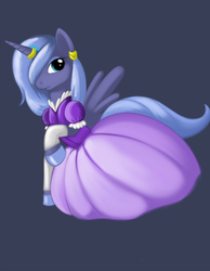 Size: 1470x1890 | Tagged: safe, artist:kloudmutt, princess luna, alicorn, pony, g4, clothes, dress, ear piercing, earring, female, horn, horn ring, jewelry, mare, piercing, raised hoof, s1 luna, simple background, solo
