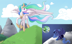 Size: 1212x735 | Tagged: safe, artist:tenchi-outsuno, princess celestia, princess luna, alicorn, pony, g4, crying, duo, duo female, female, flying, looking back, mare, moon, princess, s1 luna, sisters