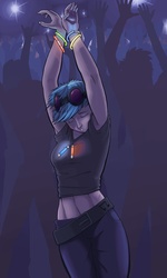 Size: 1200x2000 | Tagged: safe, artist:jakneurotic, dj pon-3, vinyl scratch, human, g4, armpits, arms in the air, belly button, dancing, female, glowstick, humanized, midriff, rave, solo