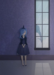 Size: 721x1000 | Tagged: safe, artist:tinrobo, princess luna, human, g4, eyes closed, female, hair over one eye, humanized, lonely, night, s1 luna, solo, wall, window