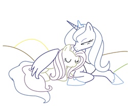 Size: 1782x1524 | Tagged: safe, artist:bri-sta, fluttershy, princess luna, alicorn, pegasus, pony, g4, female, lesbian, mare, prone, s1 luna, ship:lunashy, shipping, sleeping, wing blanket