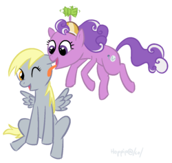 Size: 1000x942 | Tagged: safe, artist:hoppip, derpy hooves, screwball, earth pony, pegasus, pony, g4, duo, duo female, female, floating, flying, licking, mare, simple background, sitting, transparent background