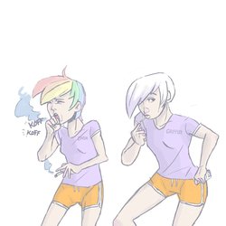 Size: 800x800 | Tagged: safe, artist:thereturnofmuabo, gilda, rainbow dash, human, g4, cigarette, clothes, coughing, duo, duo female, female, gym shorts, hand on hip, humanized, multicolored hair, rainbow hair, sexy, shirt, shorts, side slit, smoking, sultry pose, t-shirt, tomboy, white hair
