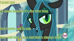 Size: 764x422 | Tagged: safe, edit, edited screencap, screencap, queen chrysalis, changeling, changeling queen, a canterlot wedding, g4, female, hub logo, image macro, panty and stocking with garterbelt, solo, song