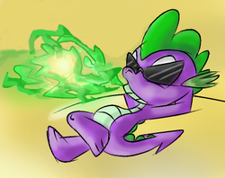 Size: 410x324 | Tagged: safe, artist:supersheep64, spike, dragon, g4, desert, female, fire, fire breath, green fire, male, on back, relaxing, solo, sunglasses