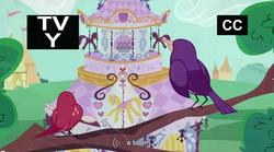 Size: 849x471 | Tagged: safe, screencap, bird, g4, sisterhooves social, carousel boutique, tent, tree, youtube caption